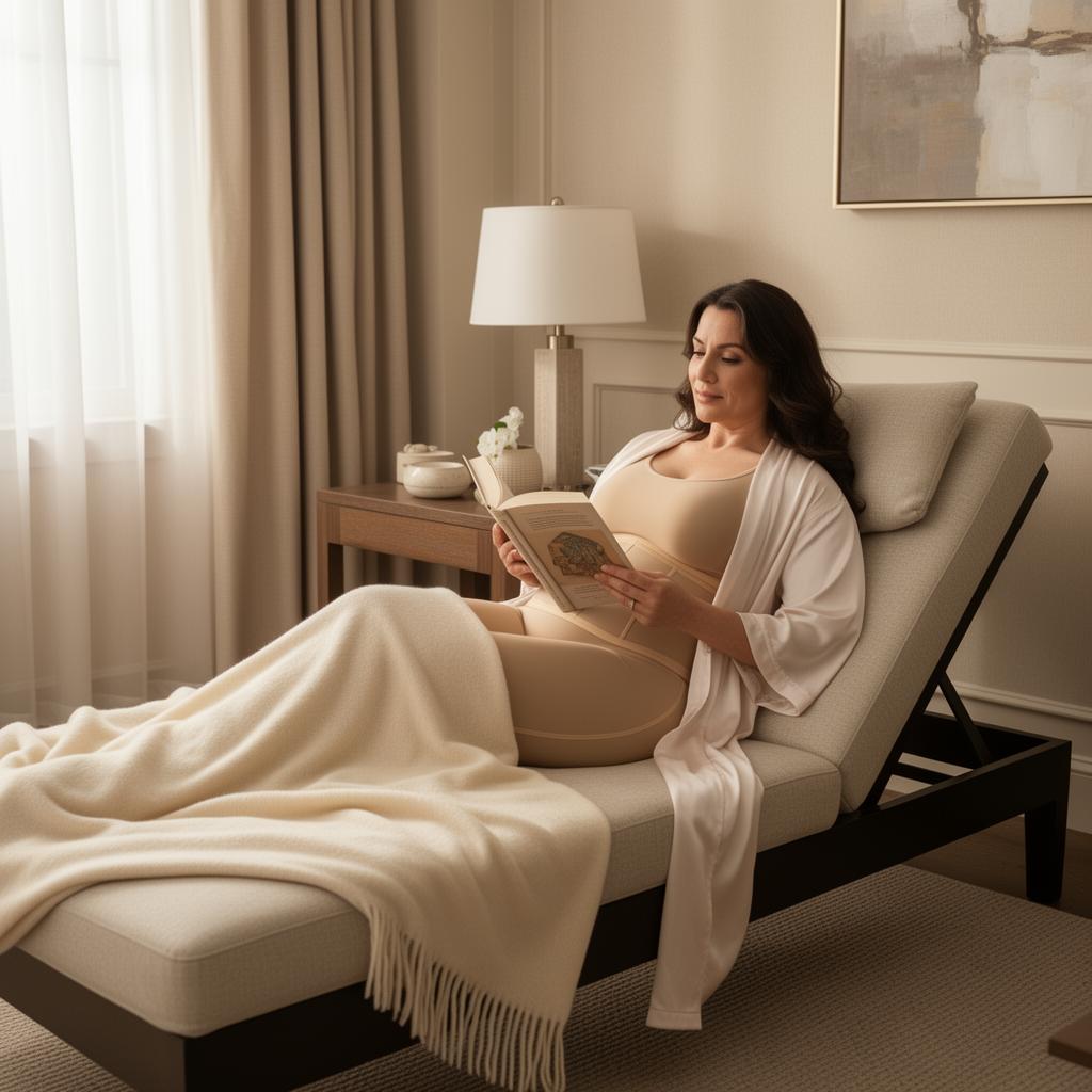 Patient resting in a post-liposuction faja on a chaise lounge