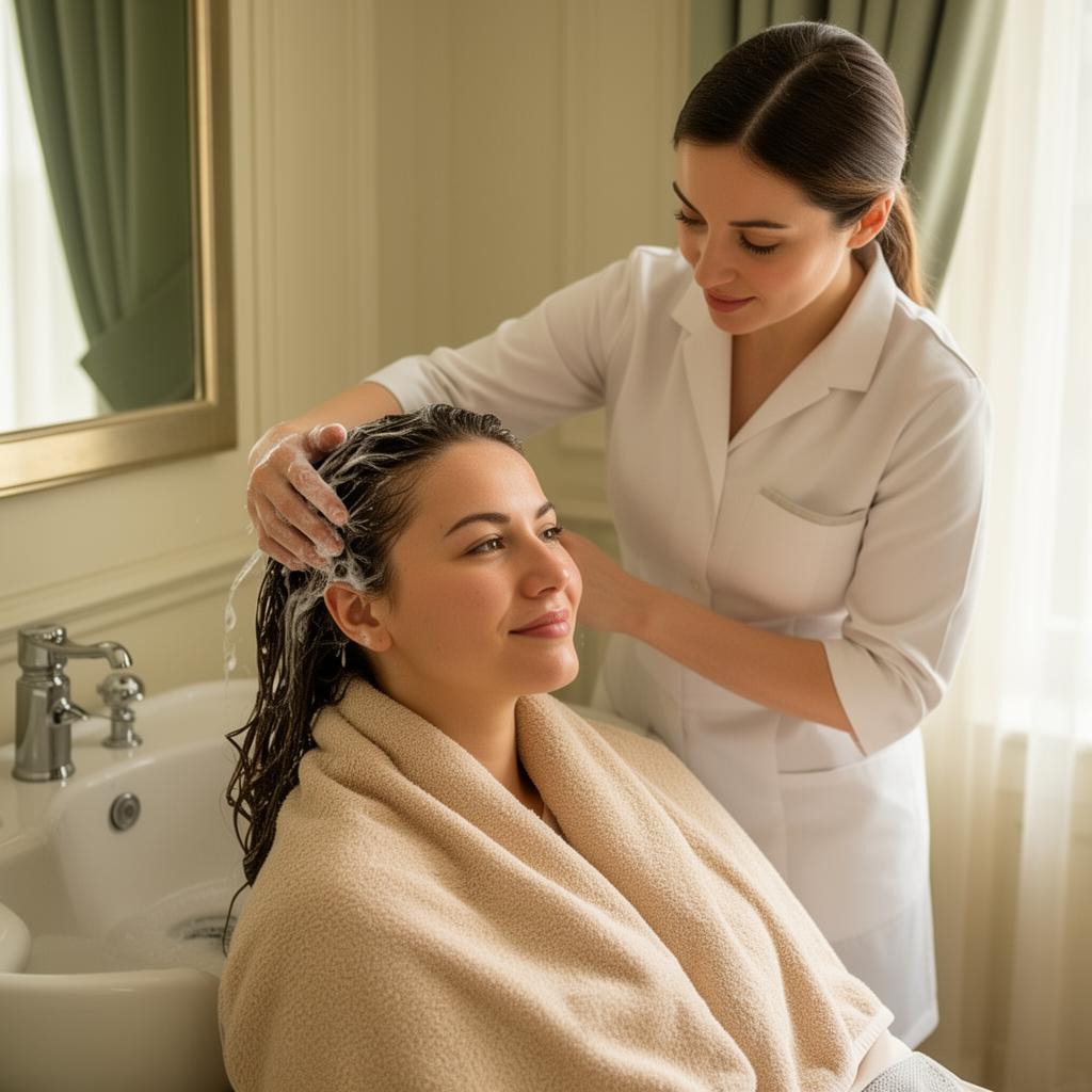 Hairstylist gently washing a recovery patient's hair