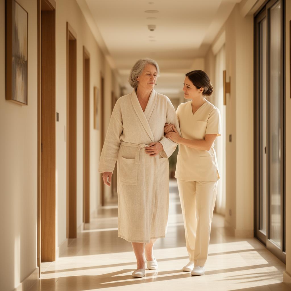 Caregiver helping a patient walk safely after surgery